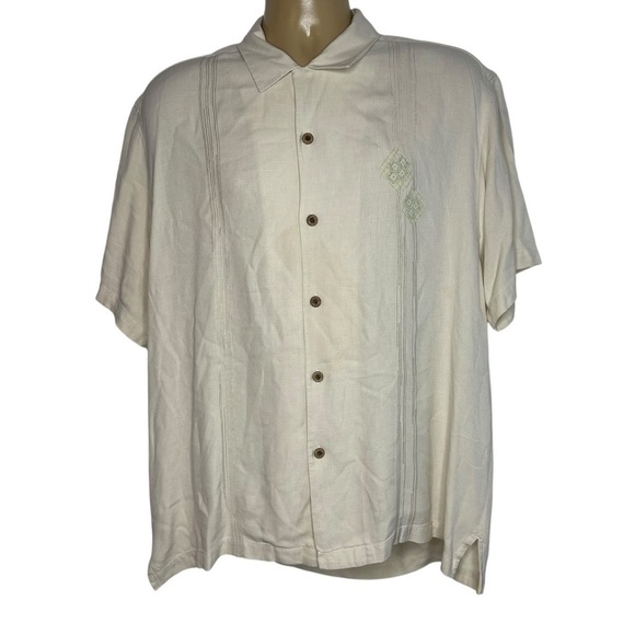 Tommy Bahama 100% Silk Cream Embroidered Button Down Shirt Size Large - Picture 1 of 5